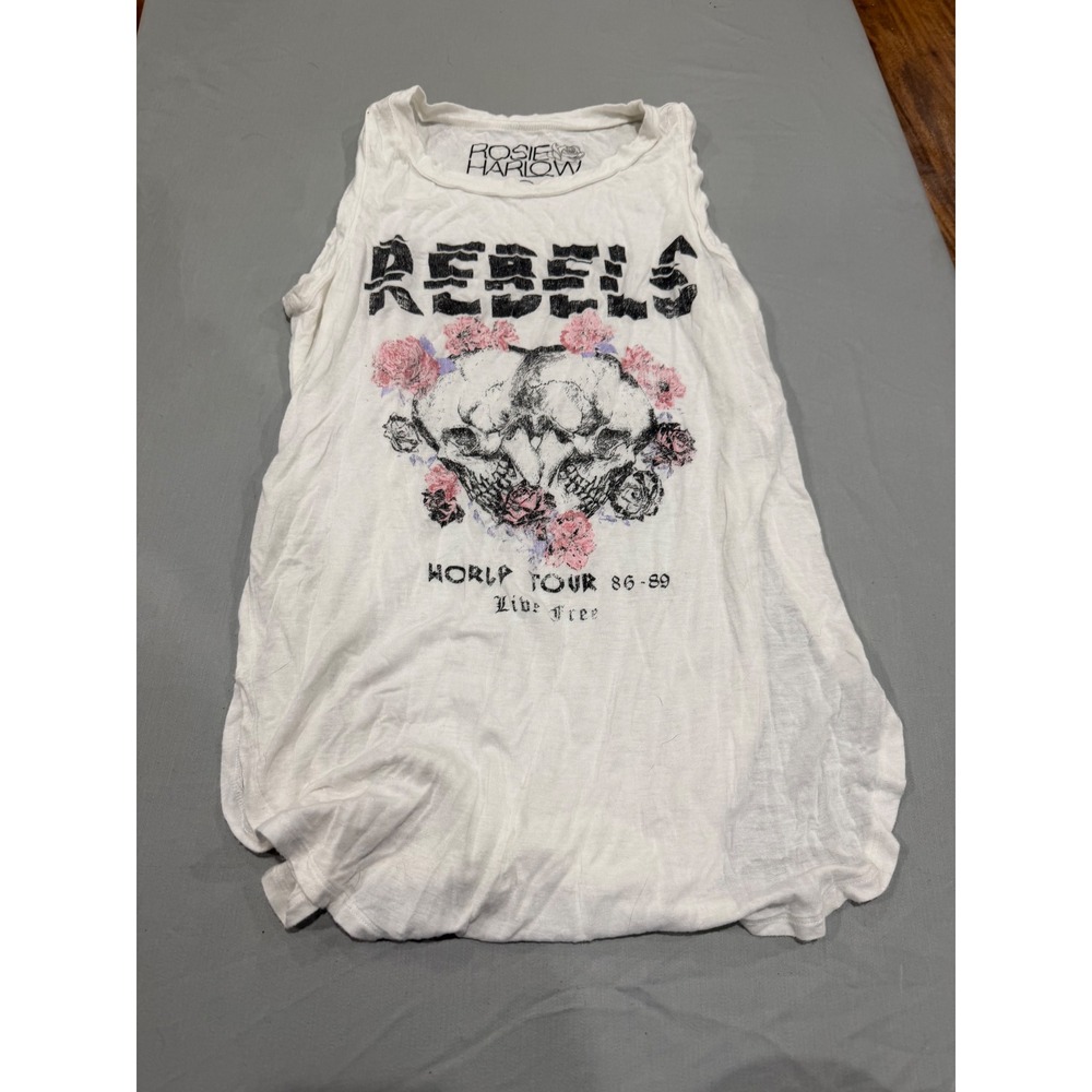 Grunge Womens Rosie Harlow Rebels Skull Graphic Tank Small White